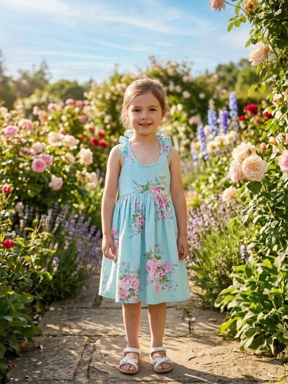 Girl's Light Blue Floral Ruffle Strap Dress